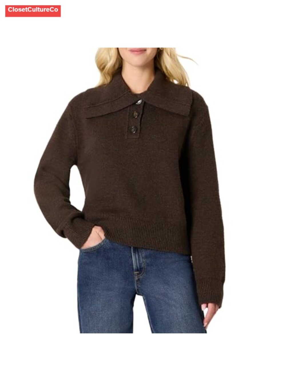 Relaxed Fit Button Collar Ribbed Cotton Blend Sweater Pullover